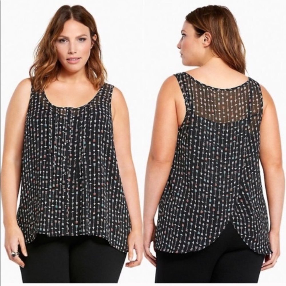 TORRID Black Arrow Tulip Back Sheer Tank Top